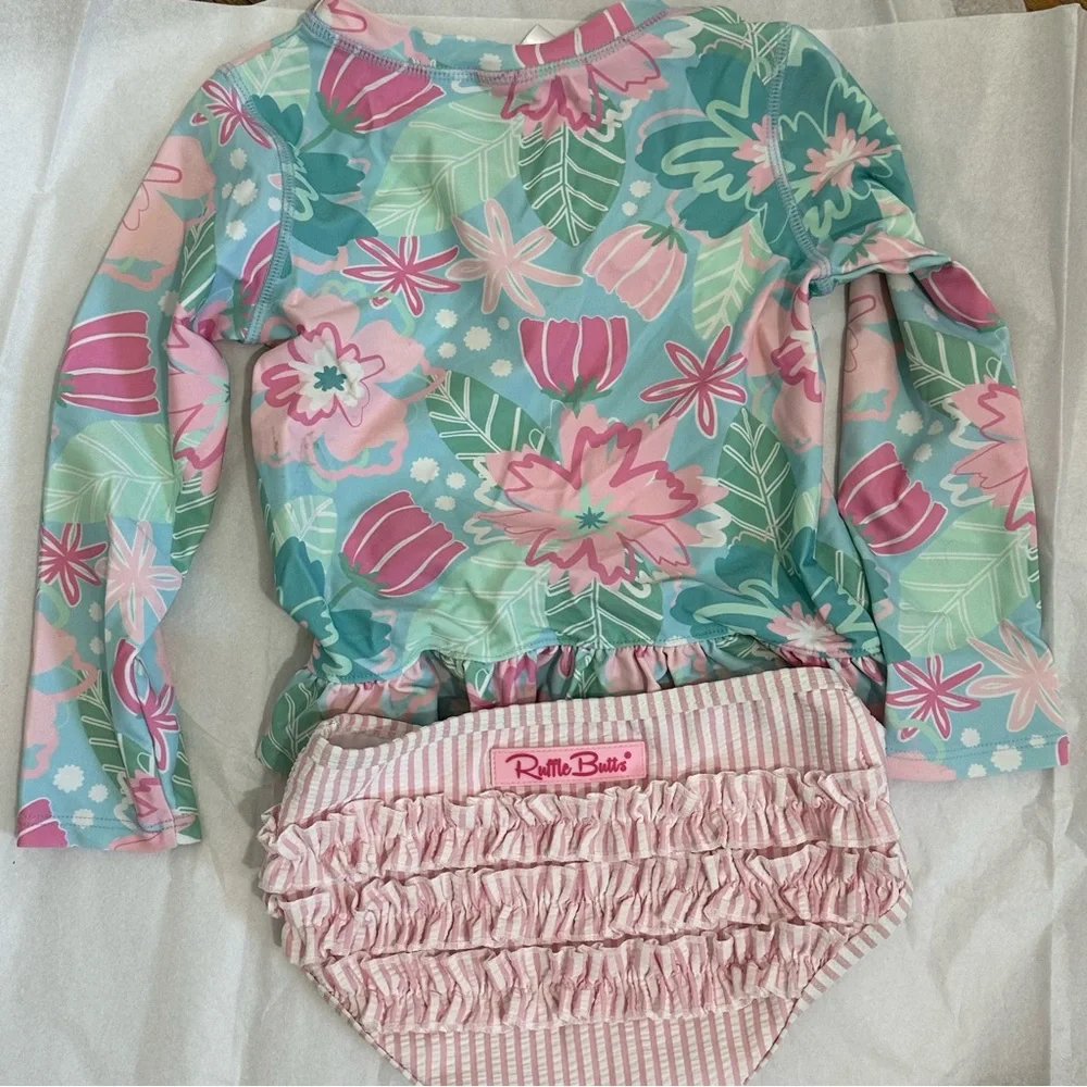 Ruffle Butts Girls Floral Long Sleeve Rashguard Set - Aqua, Pink, Mint